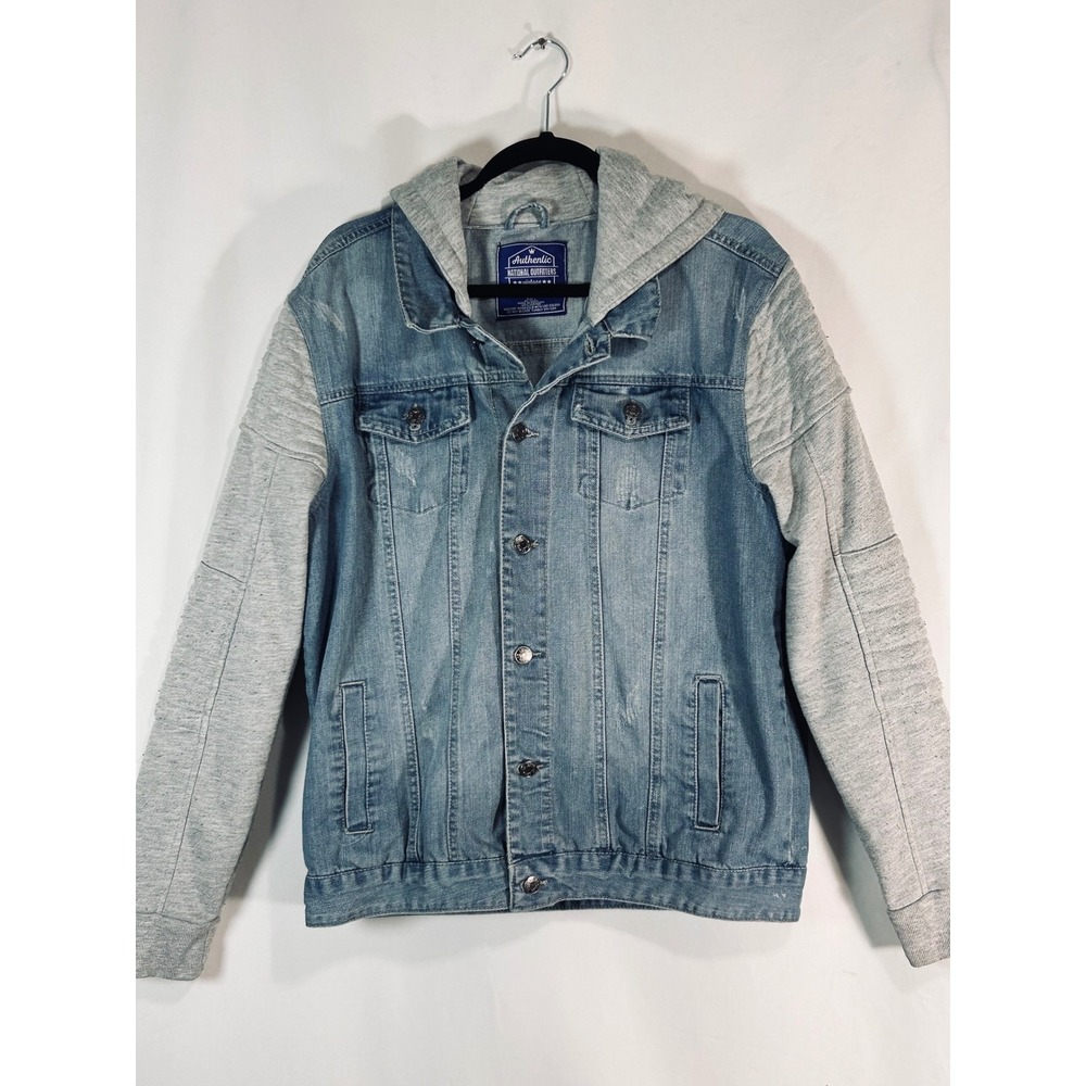 Authentic National Outfitters Mens Denim‎ Jacket Grey Hoodie Moto Sleeves Large